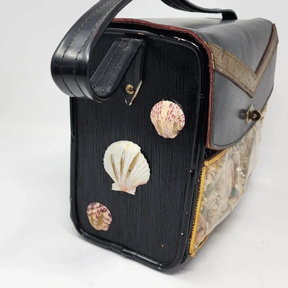 VTG Black Wood Wicker Under the Sea Fish Scene Windowpane Purse Novelty Handbag‎